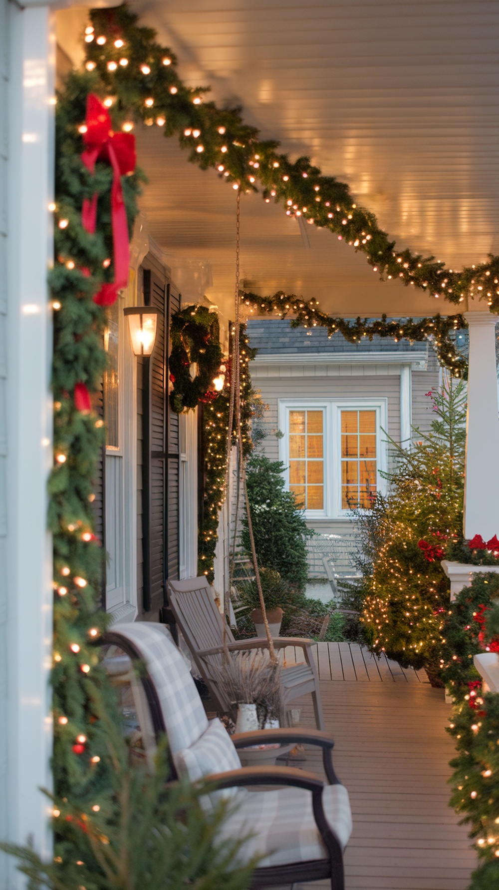 A beautifully decorated porch with garlands, lights, and a swing chair, creating a warm holiday atmosphere.
