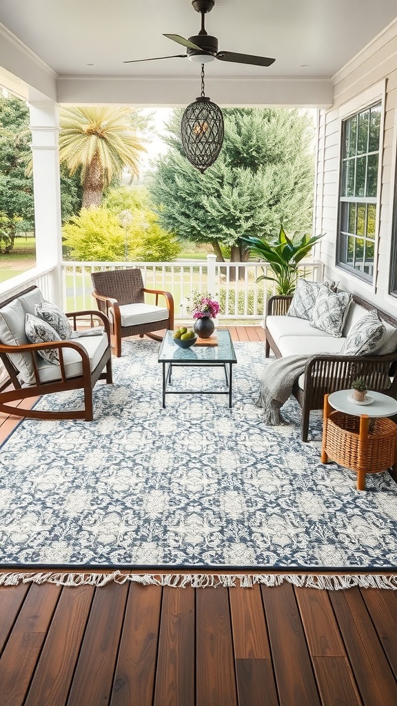 A cozy porch with an outdoor rug, seating area, and greenery in the background.