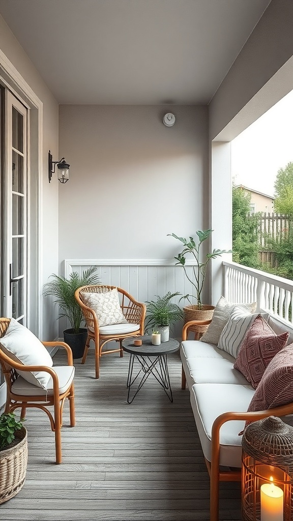 Cozy balcony with rattan chairs, a small table, and potted plants.