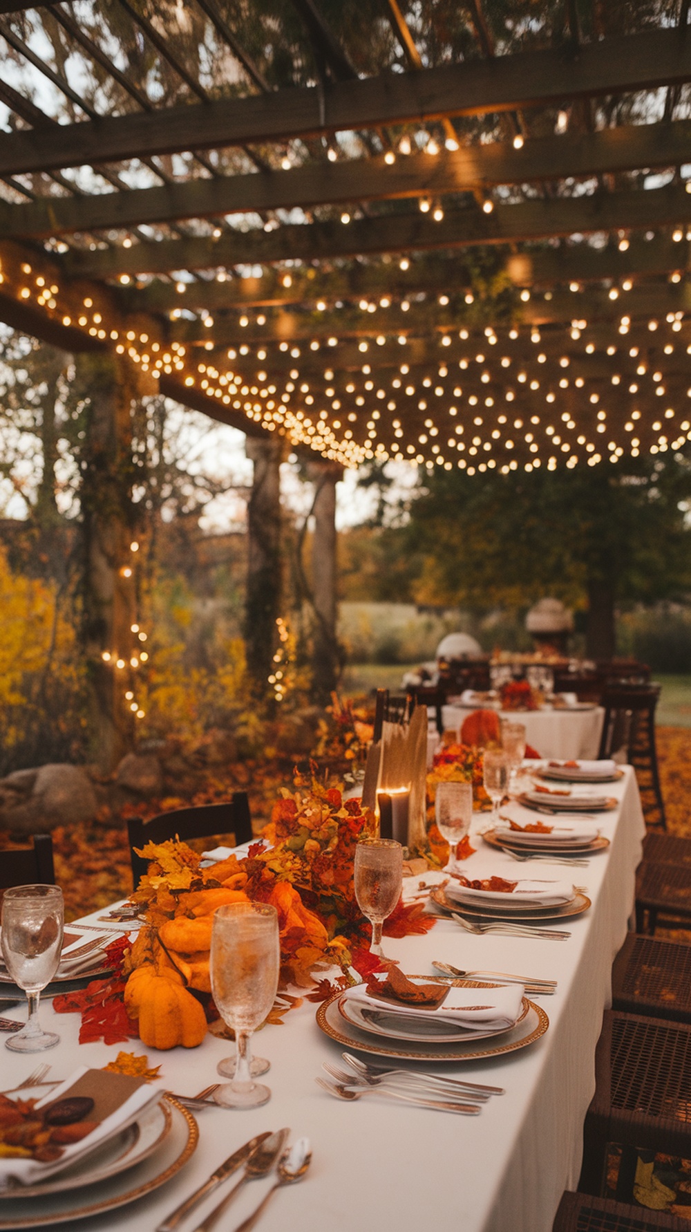 An inviting outdoor dining setup for Thanksgiving with a long table, autumn decorations, and string lights.