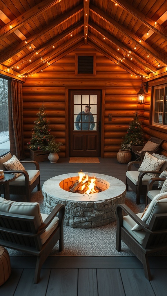Cozy cabin interior featuring a stone fire pit surrounded by comfortable seating and warm lighting.