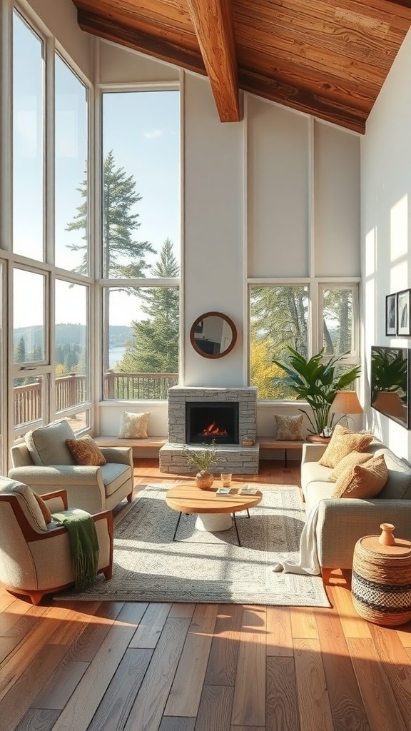 A rustic living room with large windows showcasing outdoor views, featuring cozy furniture and a fireplace.