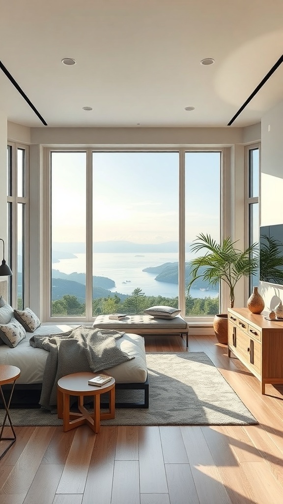 A luxury teen bedroom with large windows showcasing outdoor views of hills and water.