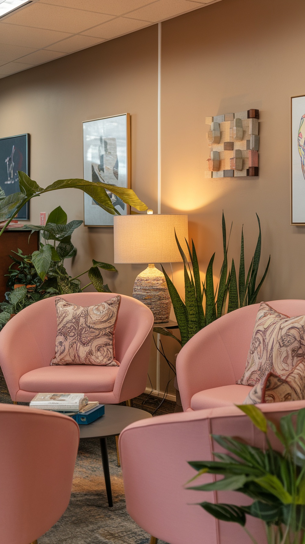 A cozy pink lounge area with soft chairs, a coffee table, and green plants.