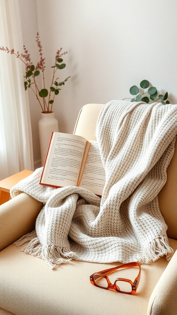 Cozy reading nook with an armchair, blanket, open book, glasses, and a vase of greenery.