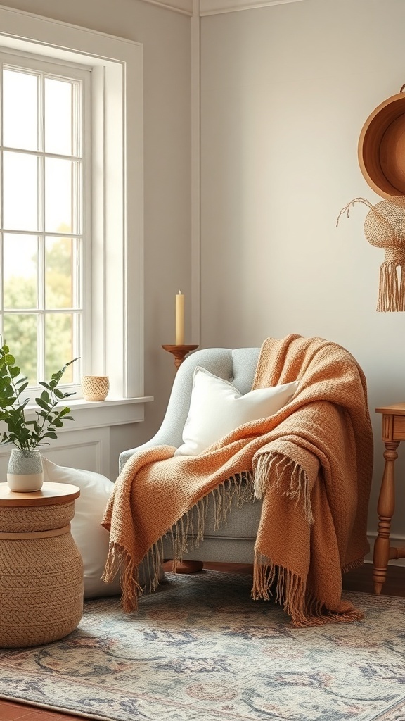 Cozy reading nook with a chair, blanket, and window