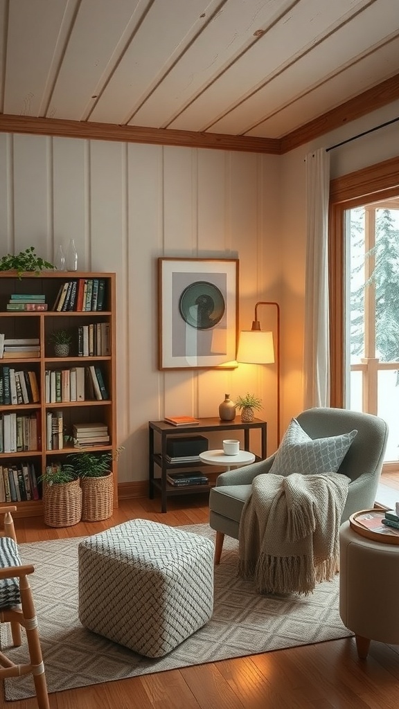 Cozy reading nook in a cabin living room with an armchair, ottoman, lamp, and bookshelf.