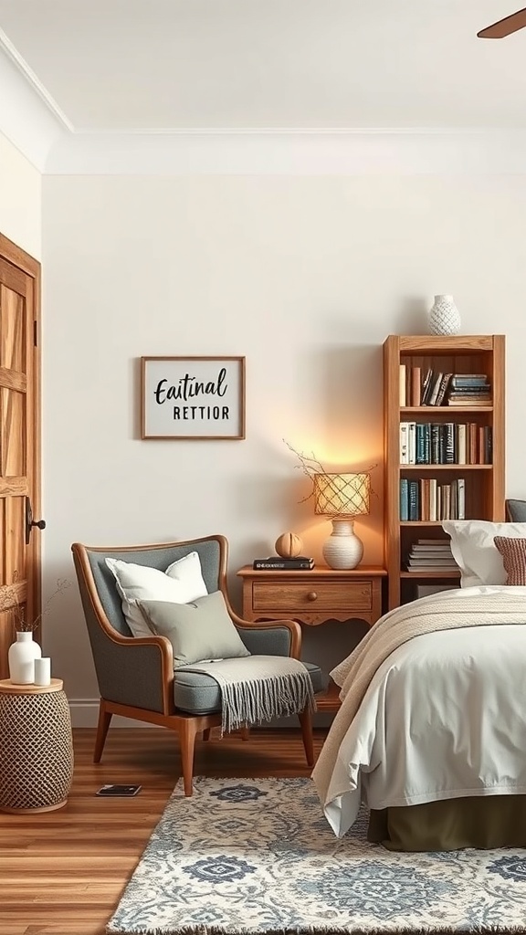 Cozy reading nook in a rustic farmhouse bedroom with a comfortable chair, bookshelf, and warm lighting.