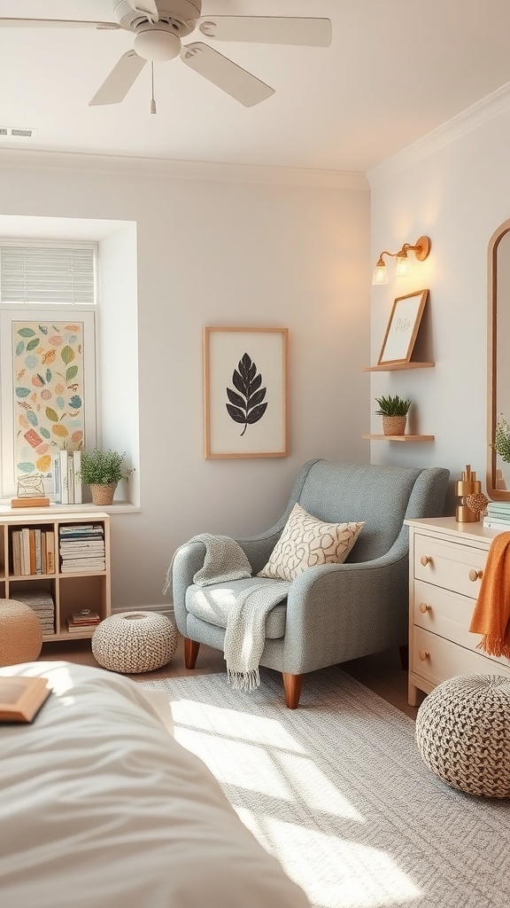 A cozy reading nook in a teen bedroom featuring a blue armchair, decorative pillows, a side table, and bookshelves filled with books.