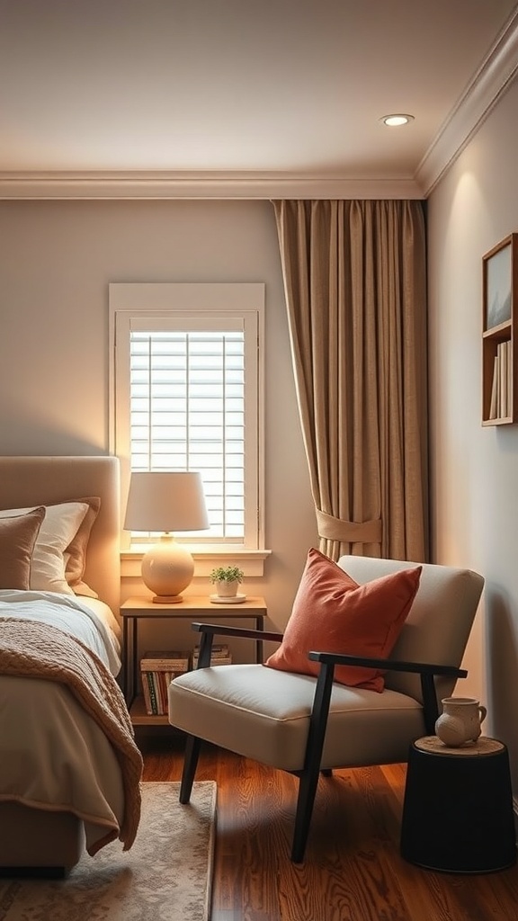 A cozy reading nook in a warm bedroom featuring a comfortable chair, soft pillows, and warm lighting.