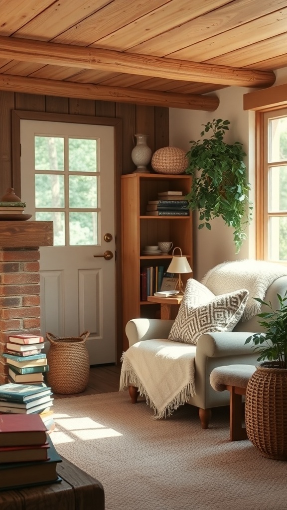 Cozy reading nook in a rustic cottage with a comfortable chair, bookshelves, and plants.