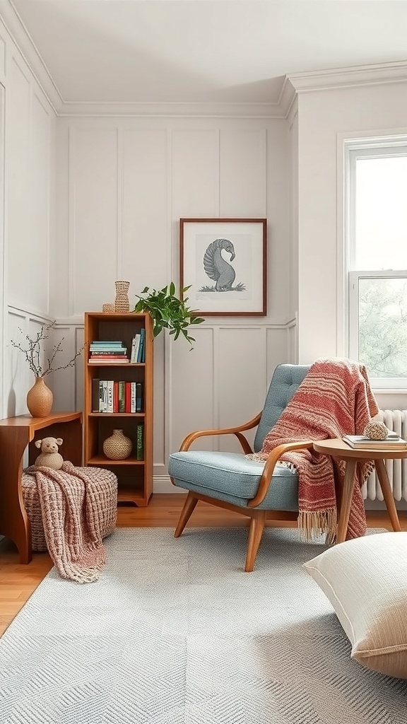 A cozy reading nook featuring a light blue chair, a small bookshelf, and warm decor elements.