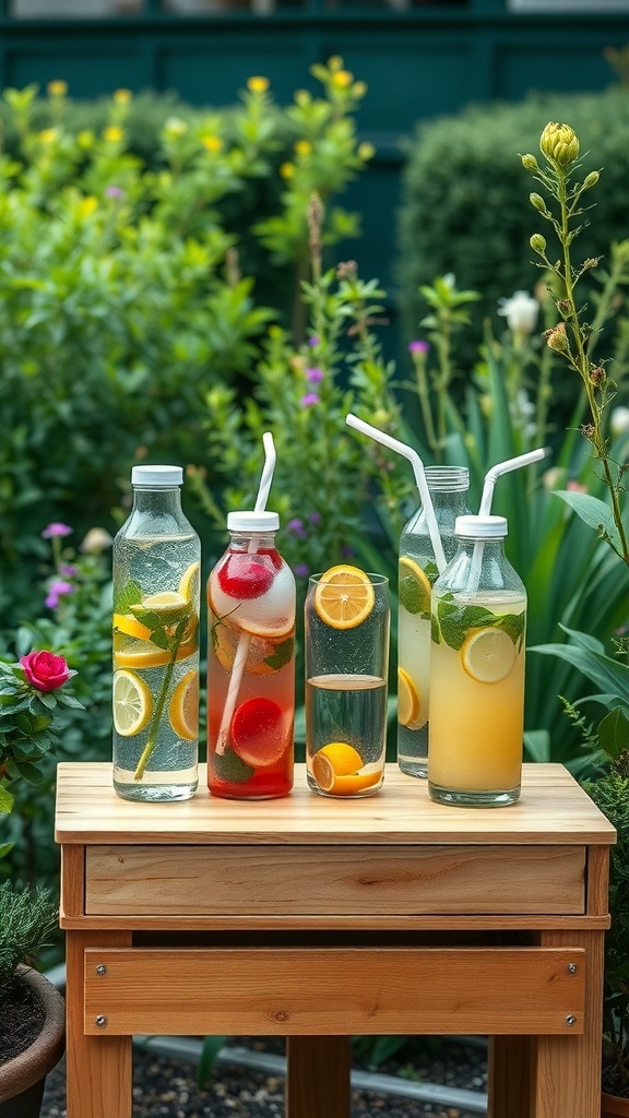 Colorful bottles of infused beverages on a wooden table in a garden.