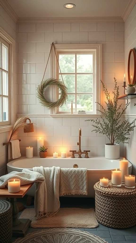 A cozy bathroom with scented candles, a bathtub, and natural decor.
