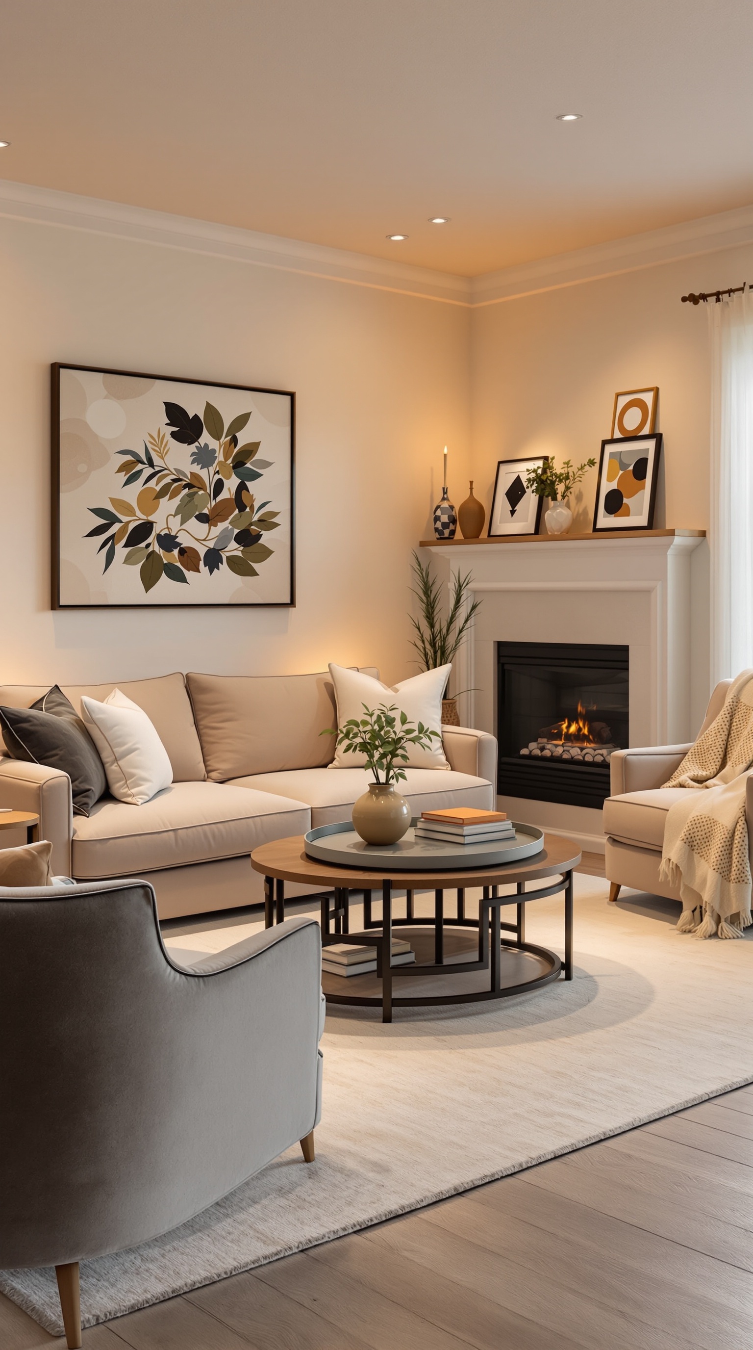 Cozy basement family room with inviting seating arrangements, including a soft sofa and stylish armchairs.