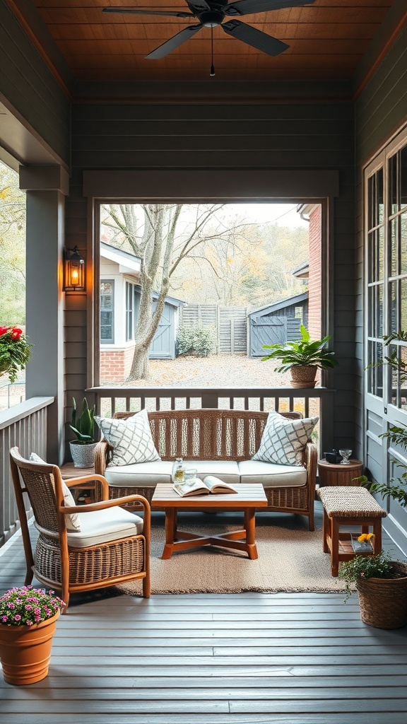 Cozy porch seating area with wicker furniture, cushions, and potted plants