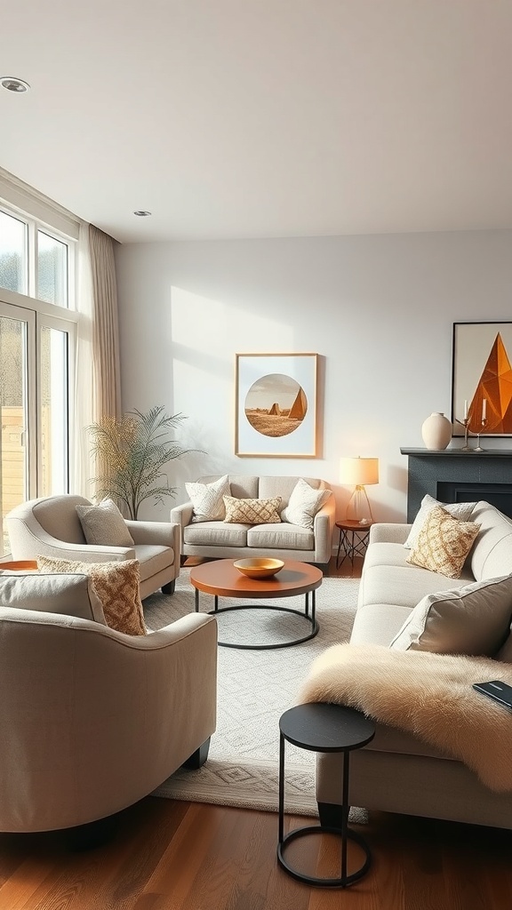 Cozy winter living room with soft seating, warm lighting, and a welcoming atmosphere.