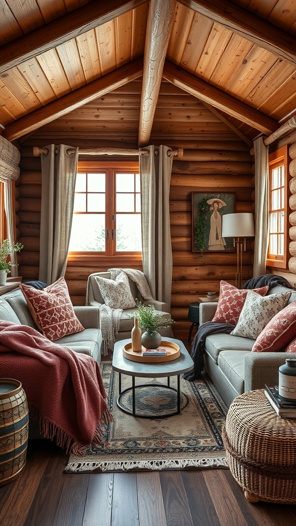 Cozy small cabin interior with soft textiles and fabrics