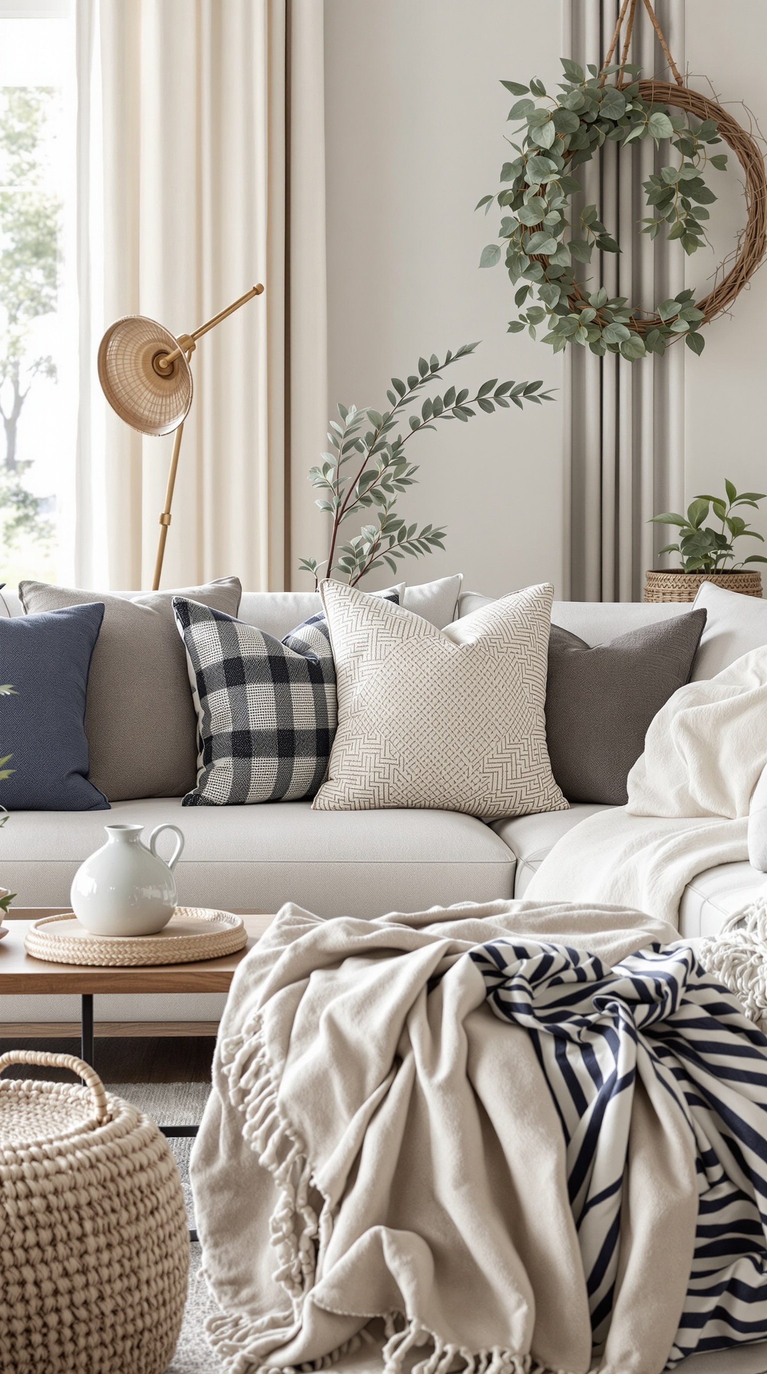 Cozy family room with layered fabrics, including pillows and a throw blanket on a sofa, and natural decor elements.