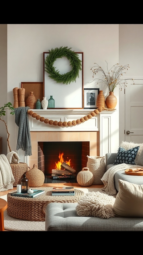 A cozy living room with a fireplace, featuring inviting textiles and throws.
