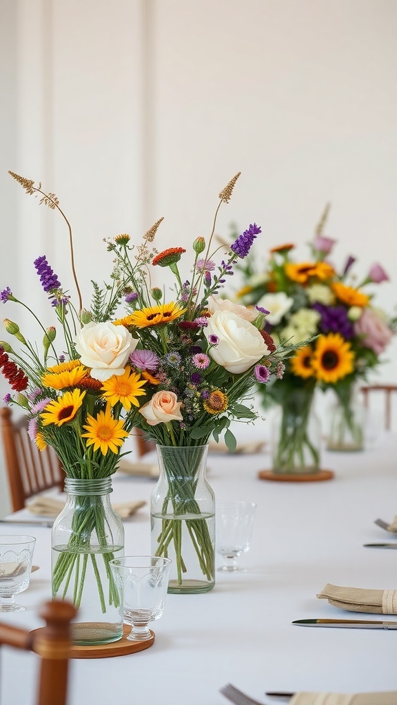 Colorful wildflower centerpieces in glass vases on a decorated table for a bridal shower