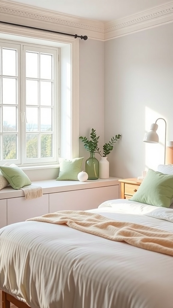 A cozy window seat with light green cushions in a bright bedroom.