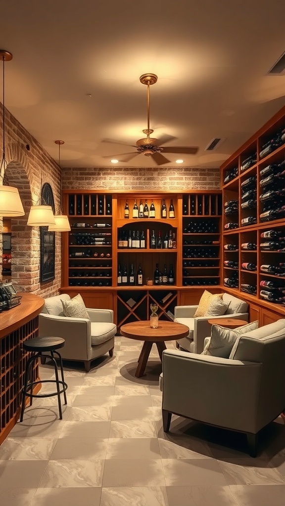 Cozy basement wine cellar with wooden shelves, exposed brick walls, and comfortable seating.