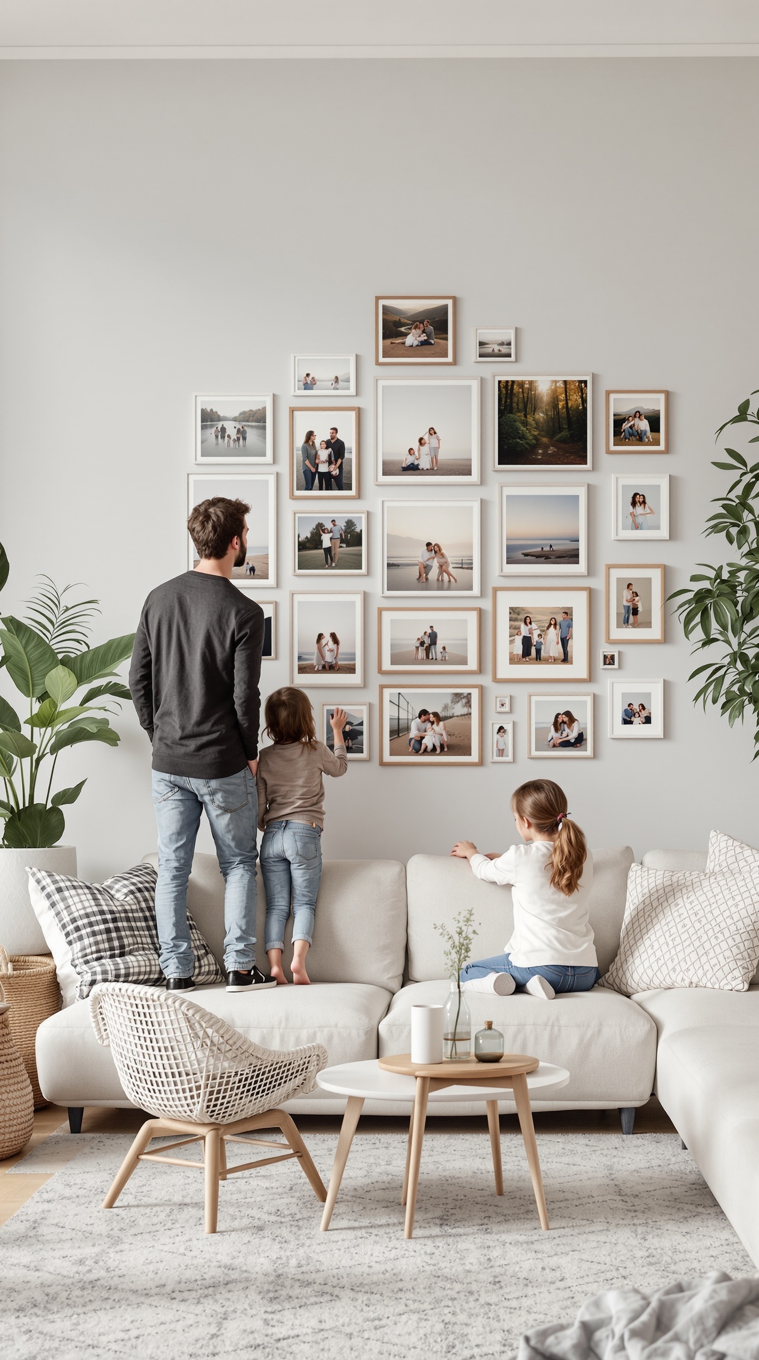 A family standing in front of a photo wall, admiring framed pictures together.