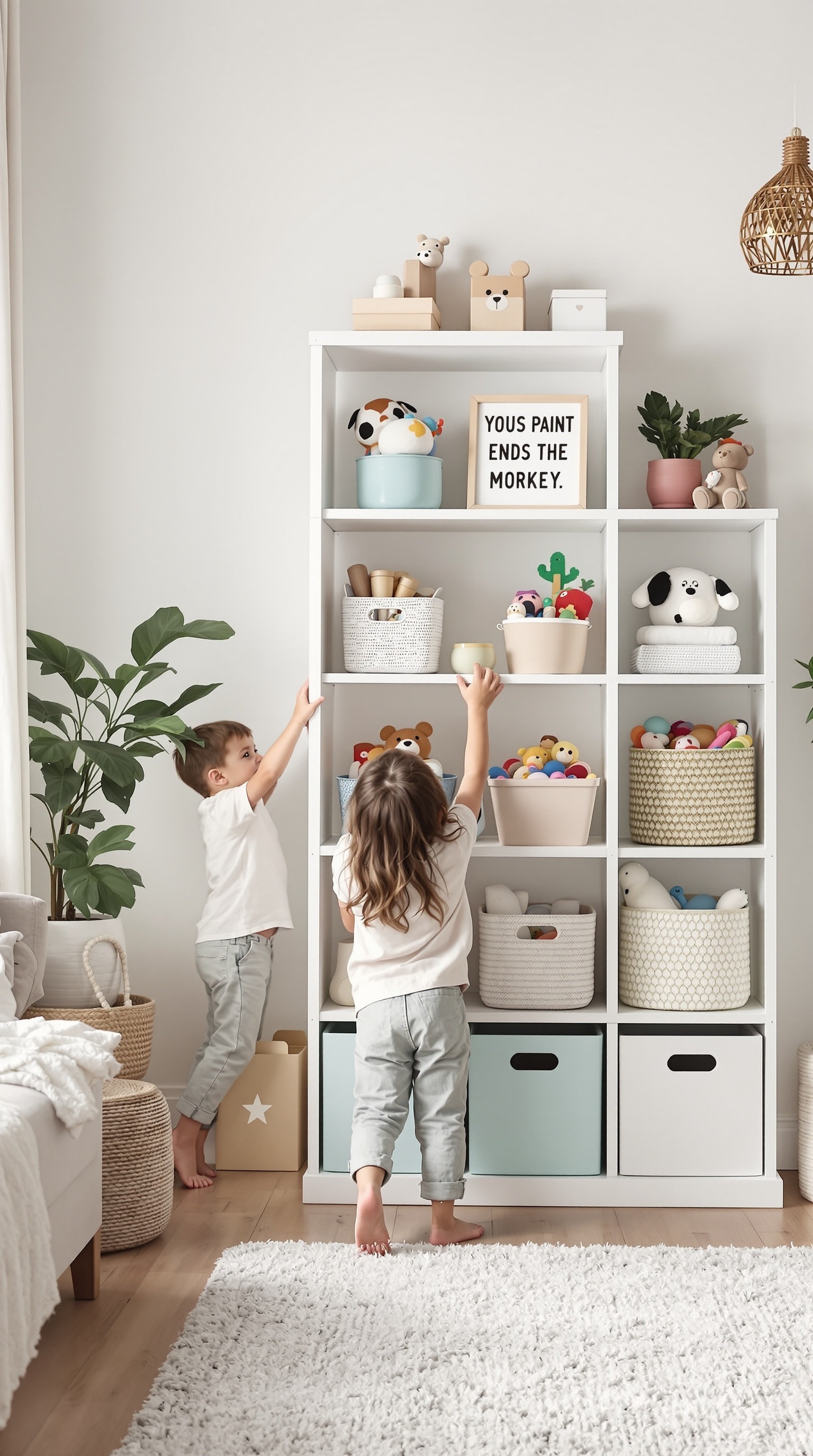 Two children organizing toys on a shelf, surrounded by colorful bins and a cozy room.