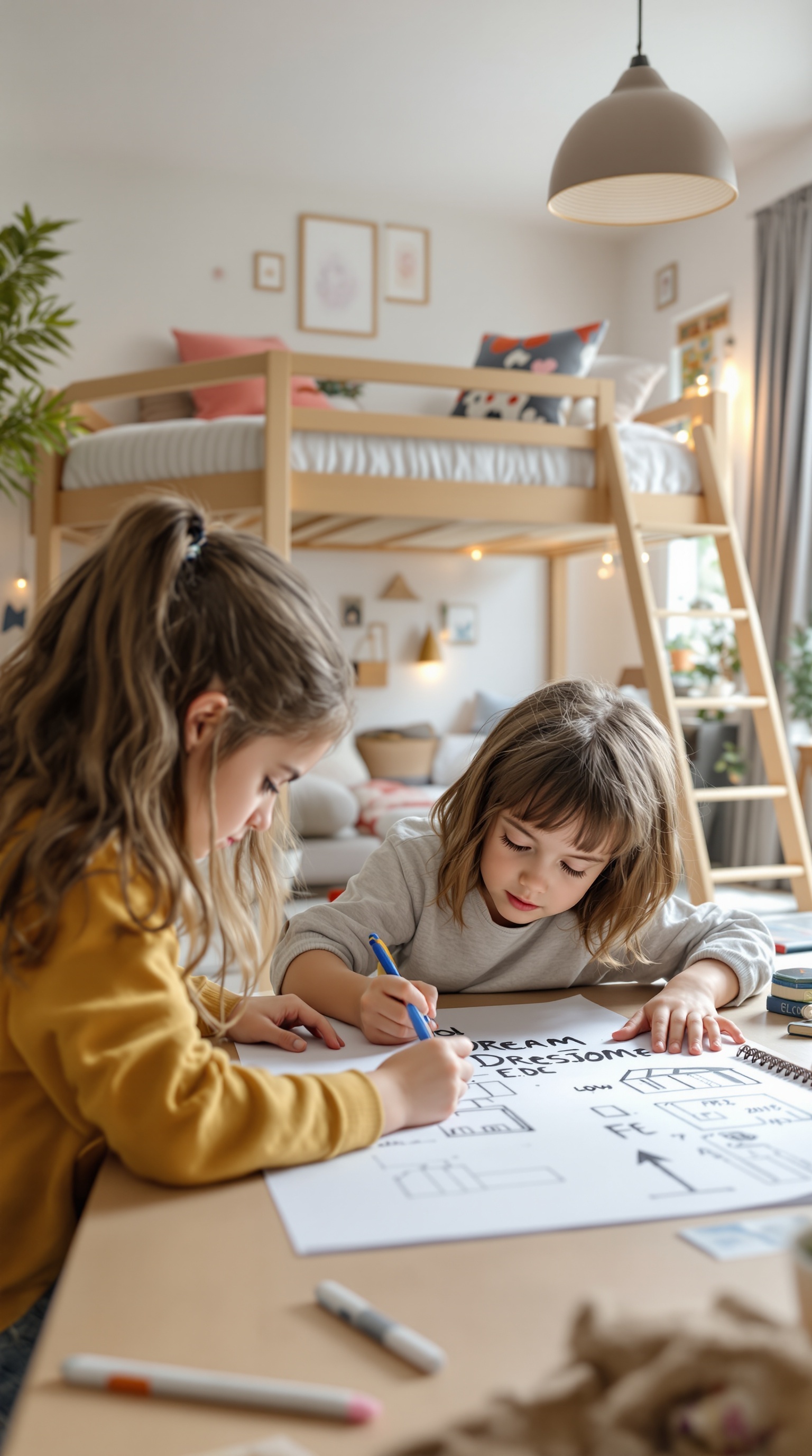 Two children drawing and planning their dream loft bed design on paper.