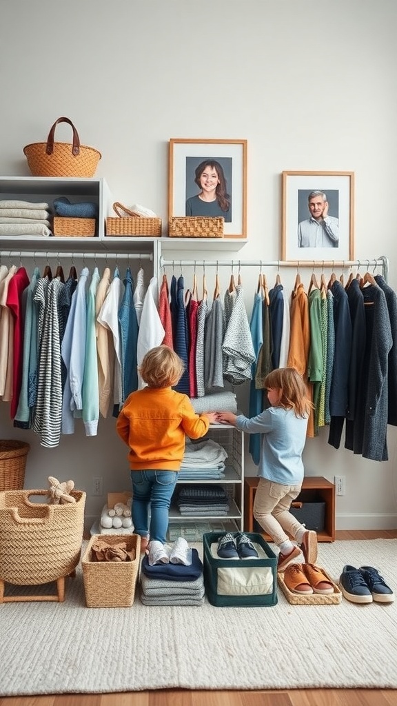 Two children organizing a wardrobe with neatly arranged clothes and storage baskets.