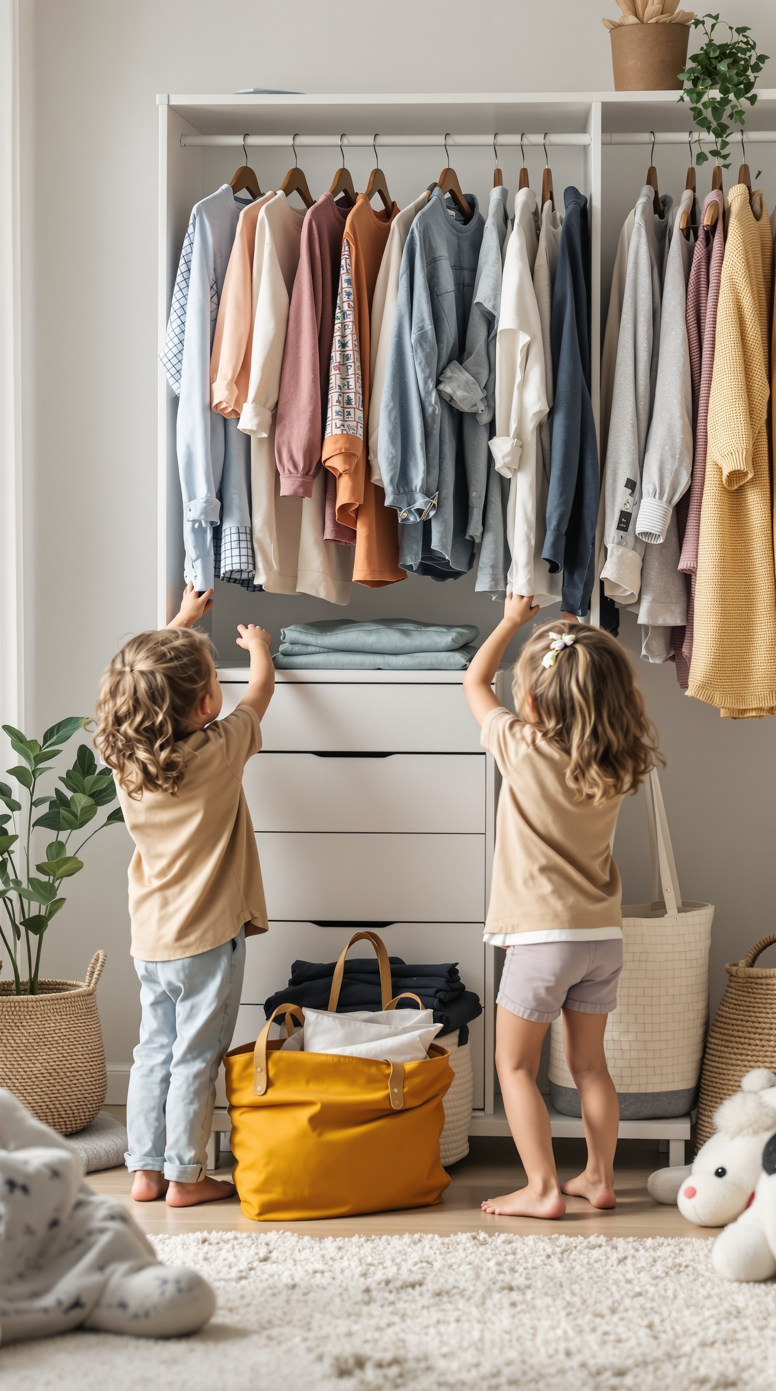 Two children organizing their clothes in a bright, cheerful room.