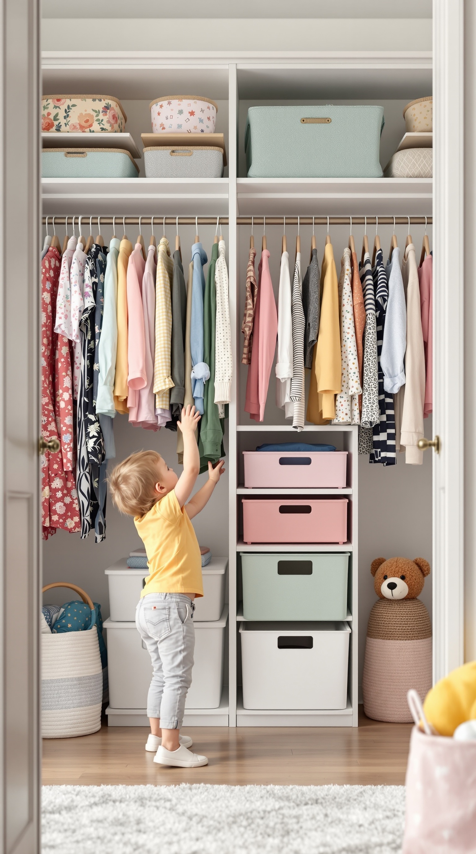 A toddler reaching for clothes in a neatly organized closet with colorful bins and a teddy bear.