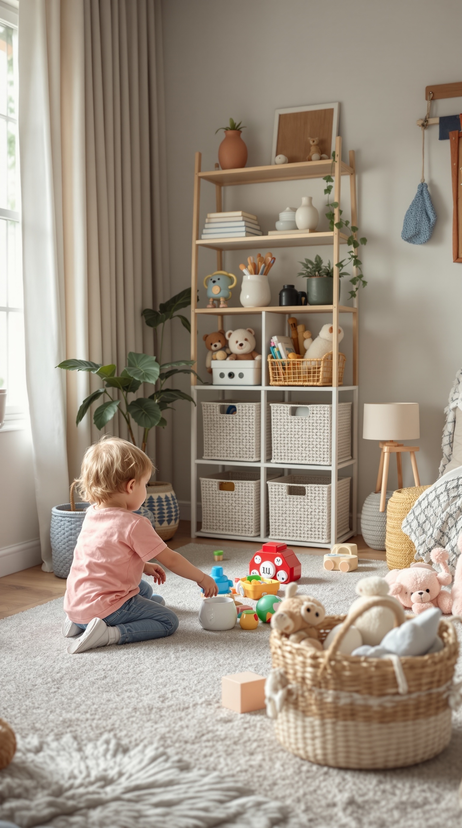 A toddler playing with toys in a well-organized room with shelves and baskets.