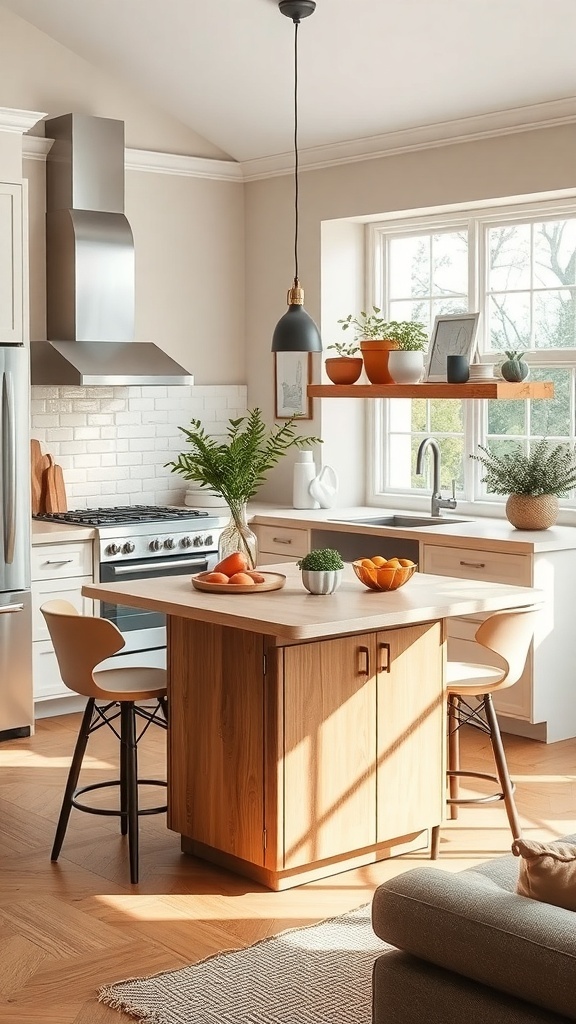 A modern kitchen featuring a wooden island with a pop-up table, surrounded by stylish stools and natural light.