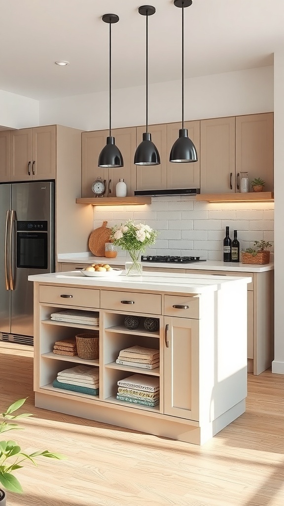 A small kitchen island with hidden storage, featuring open shelves and a cabinet, in a modern kitchen setting.