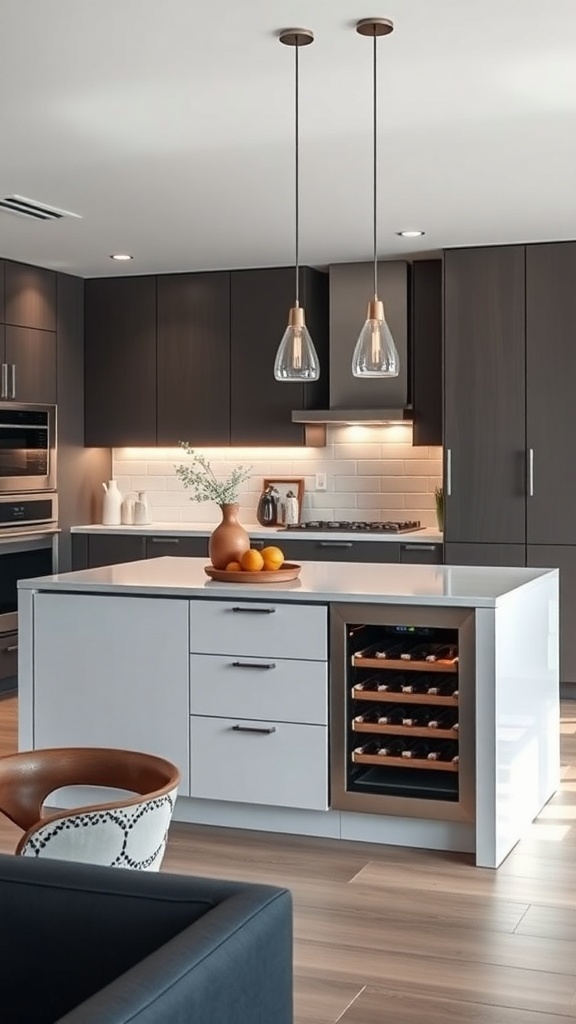 A modern kitchen island with integrated appliances, featuring a wine cooler and stylish pendant lighting.