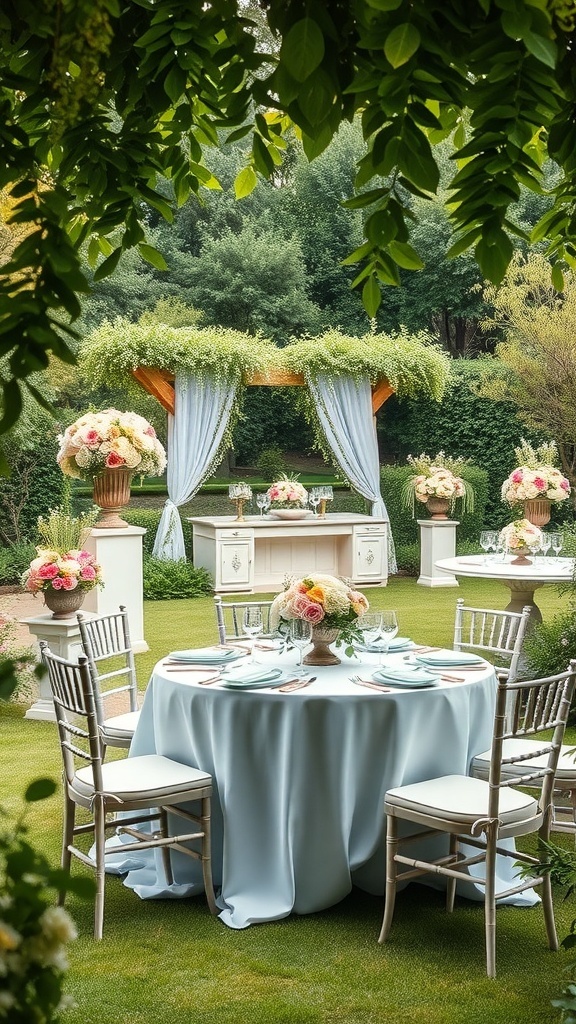Outdoor setup for an Italian garden bridal shower with elegant tables and floral arrangements.