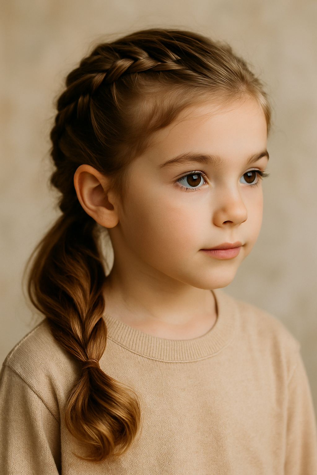A young girl with a braided hairstyle, showcasing a festive look for the holidays.