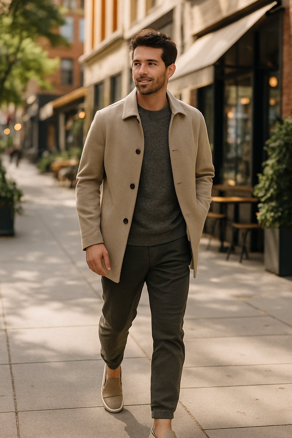 A man walking in joggers and casual footwear, showcasing a stylish and comfortable outfit.