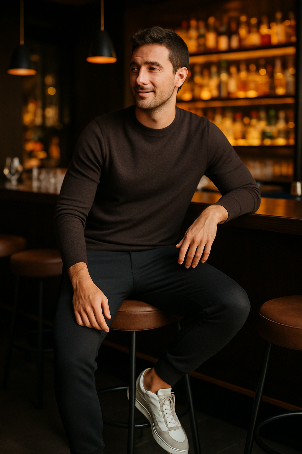 A man wearing black joggers and a dark sweater sitting at a bar.