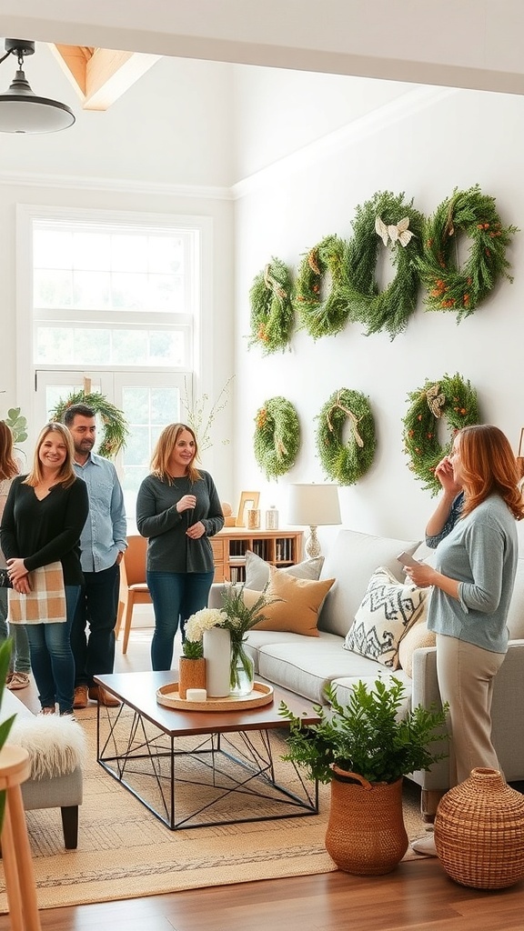 A group of people in a living room, admiring curly deco mesh wreaths displayed on the wall.
