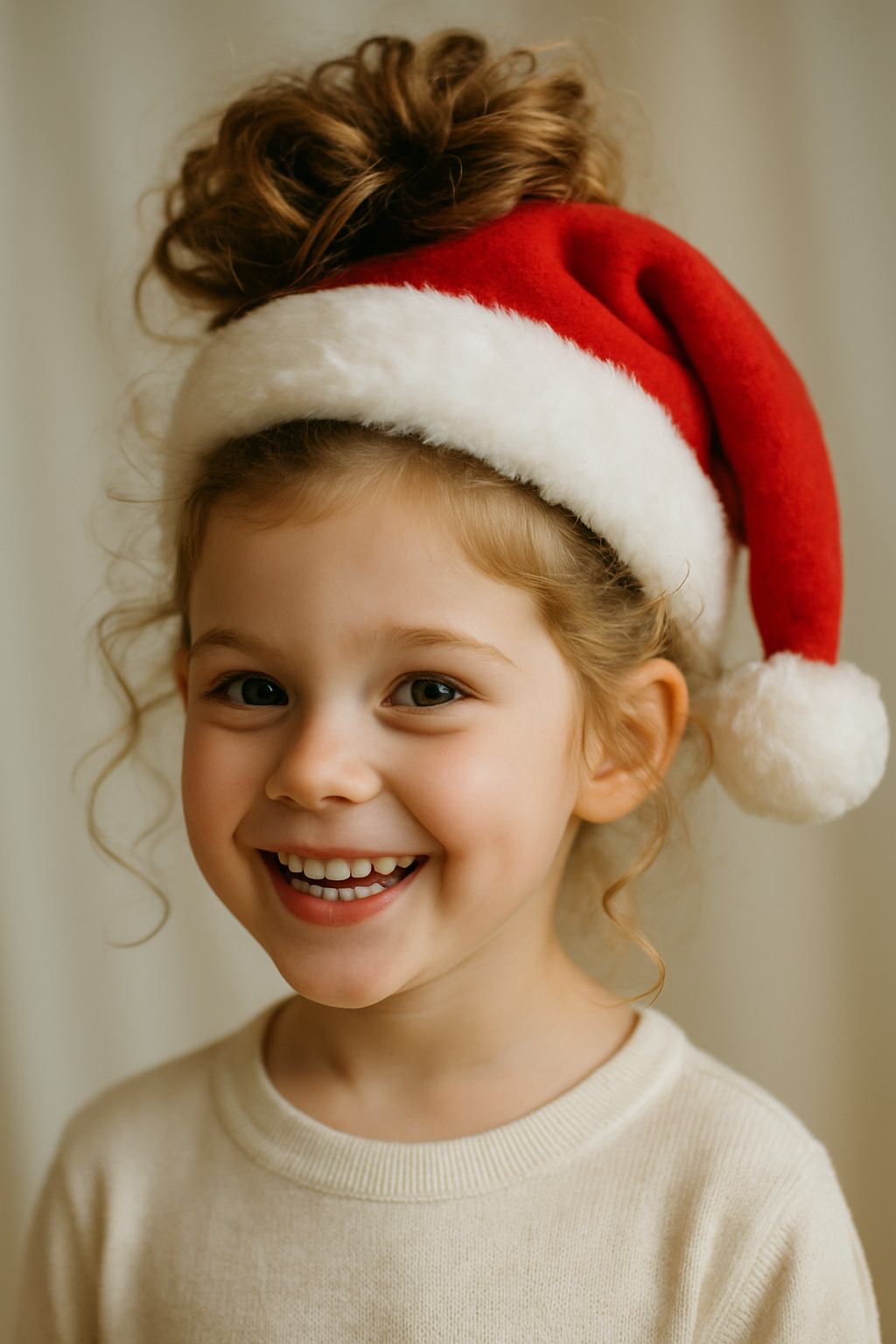 A young girl with a high bun hairstyle wearing a Santa hat, smiling joyfully.
