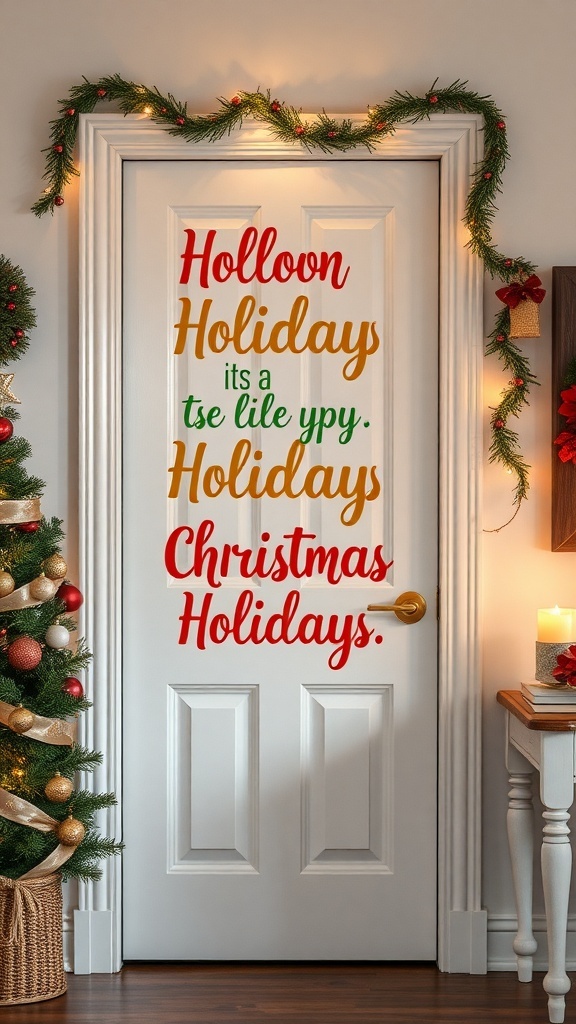 A decorated door with a colorful holiday message and a Christmas tree nearby.