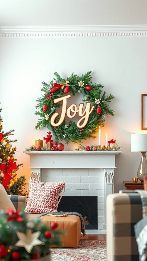 A festive winter wreath with the word 'Joy' displayed above a fireplace, surrounded by holiday decorations.