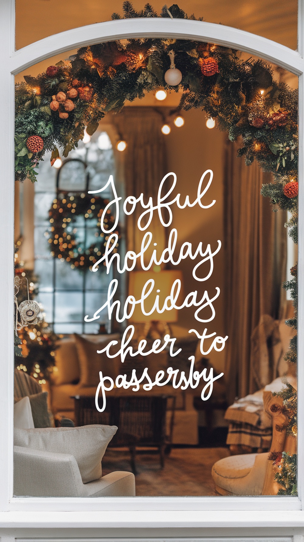 A decorated window with a wreath and a message that reads 'Joyful holiday cheer to passersby'.