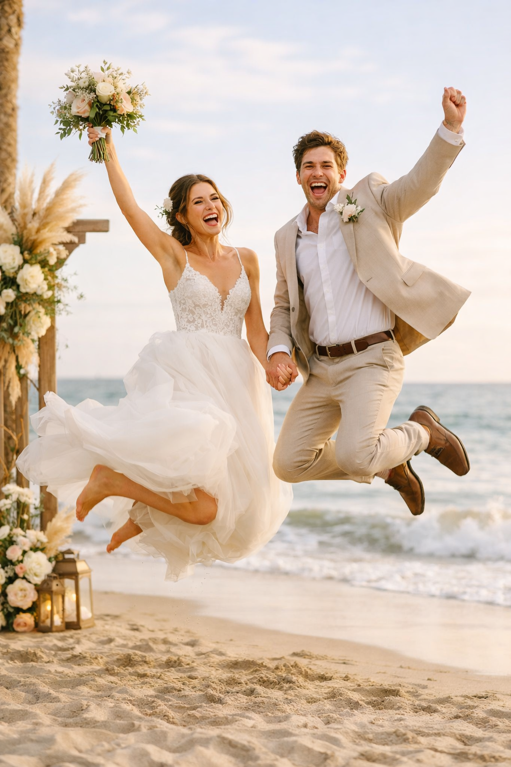 A joyful couple jumping on the beach during their engagement photo shoot.