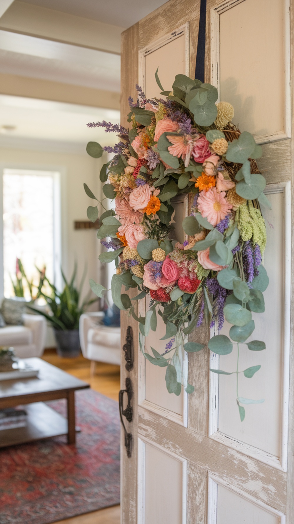 A colorful mixed floral wreath hanging on a door, featuring pink, orange, and purple flowers with greenery.