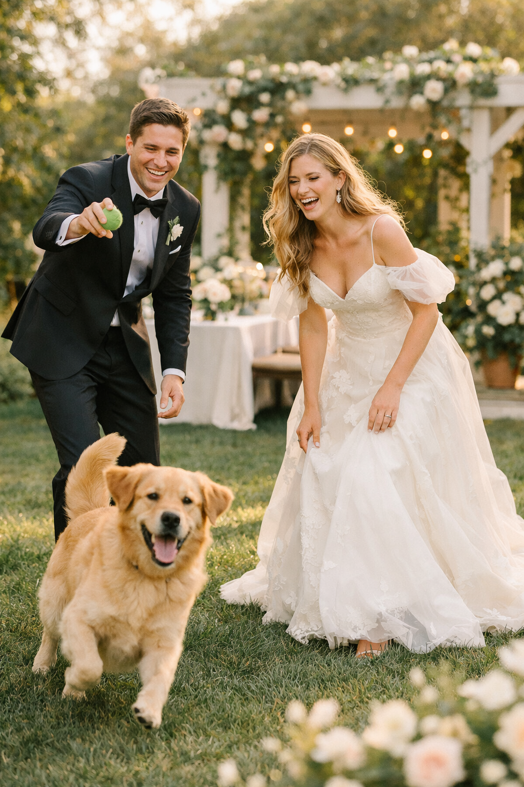 A joyful couple playing with their golden retriever in a landscaped yard.