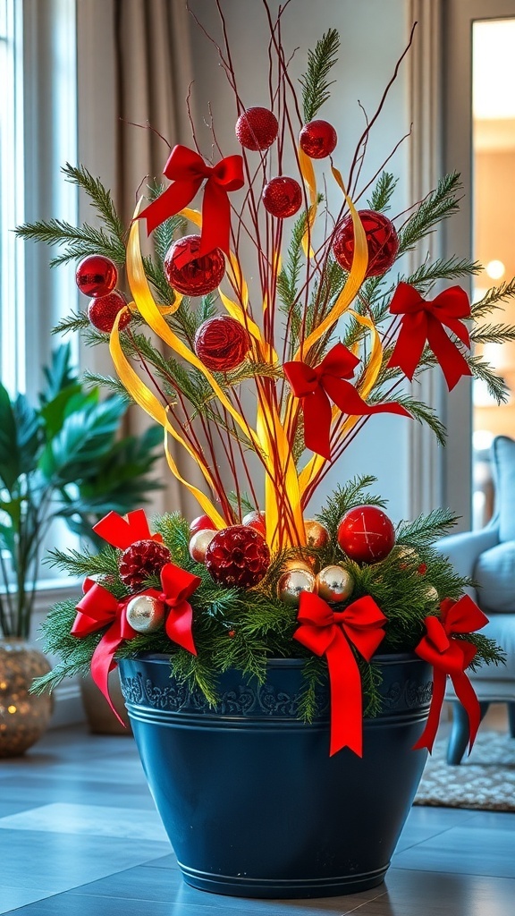 A festive front door planter with red and gold decorations, including bows, ornaments, and greenery.